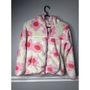 Hanna Andersson Kids Zip Up Sherpa Hoodie Girls Sz 10/140 Floral On Cream